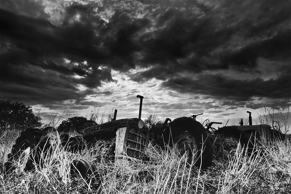black and white, tractor, clouds, storm