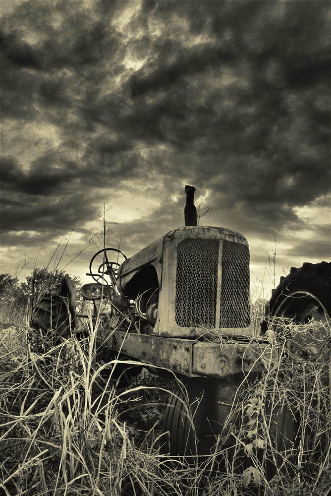 black and white, tractor, clouds