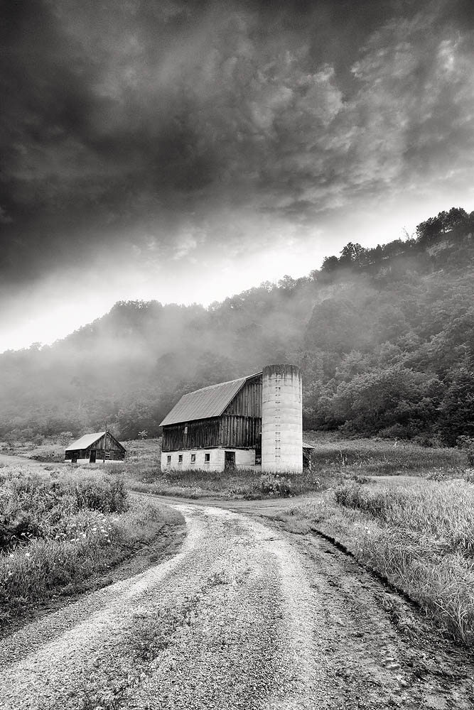black and white, barn, road