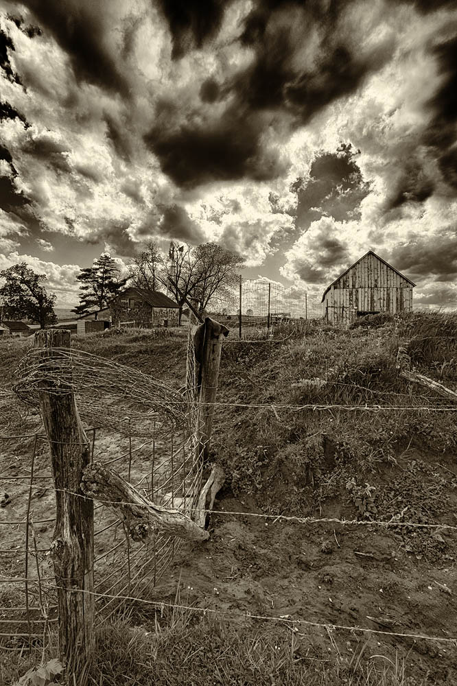 fence, barn, storm, clouds