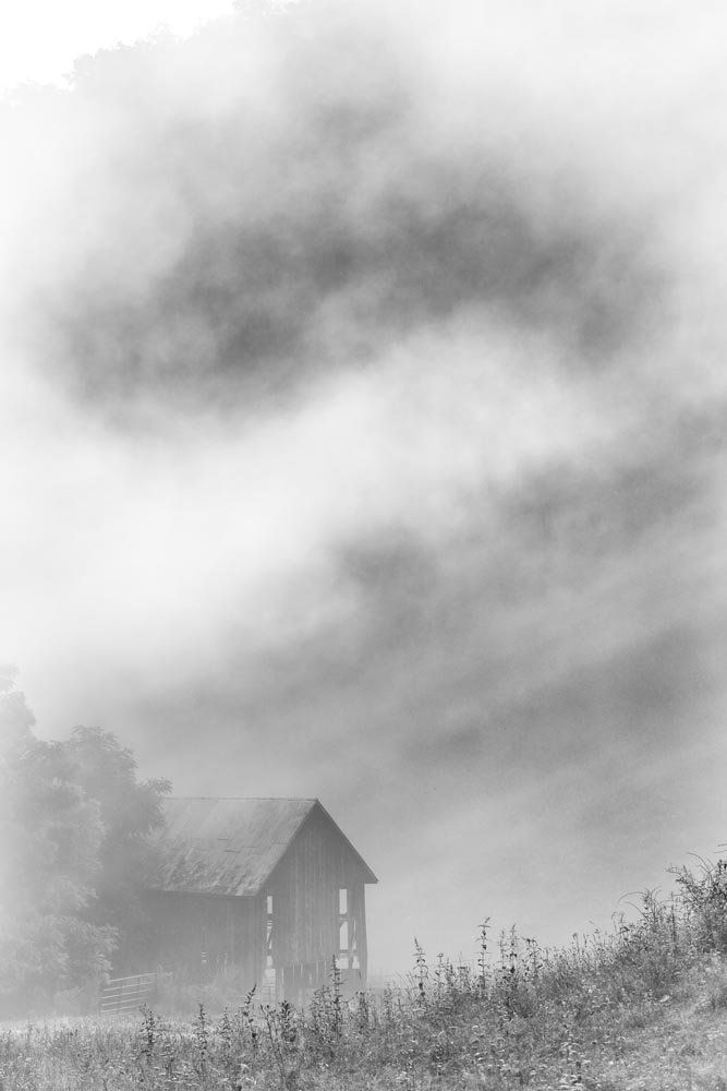 Barn. Mist, Light Beams